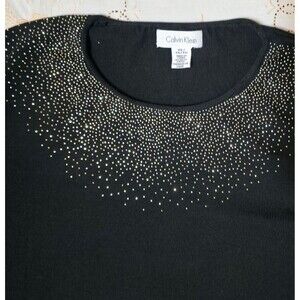 Calvin Klein Atlantis Black Pique Neck Pullover Sweater Studded Sz XL
